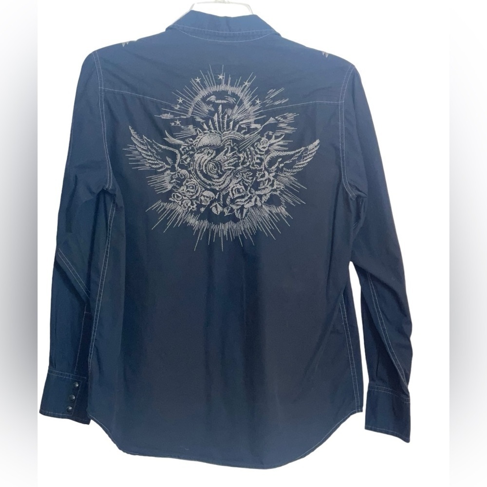 Lucky brand, drunk western black snap front shirt, size medium. GUC